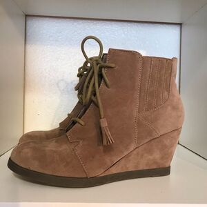 Madden Girl Dailee Tan Lace Up Suede Wedge Booties